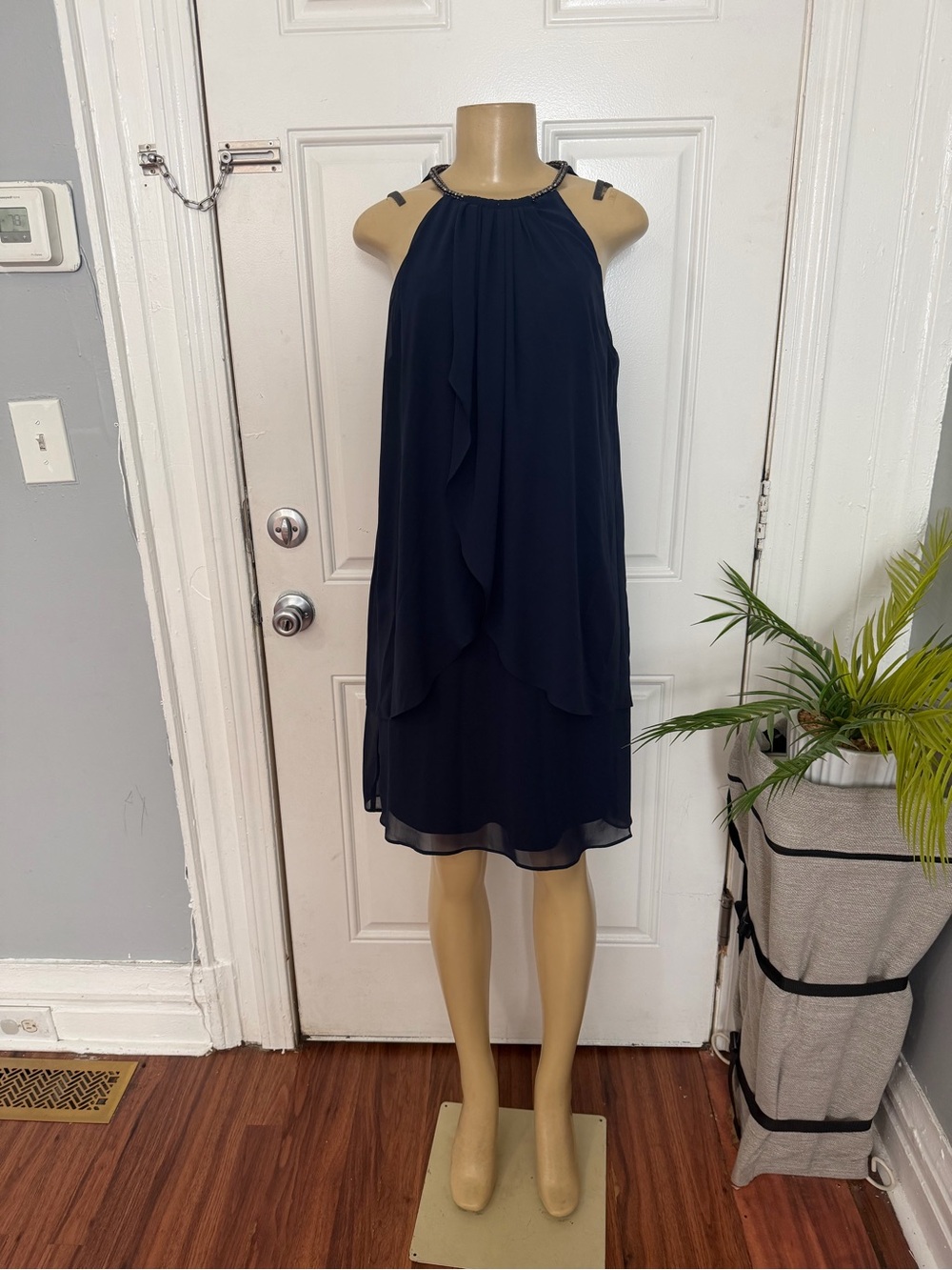 SLNY Navy Halter Chiffon Mini Dress with Beaded Neckline